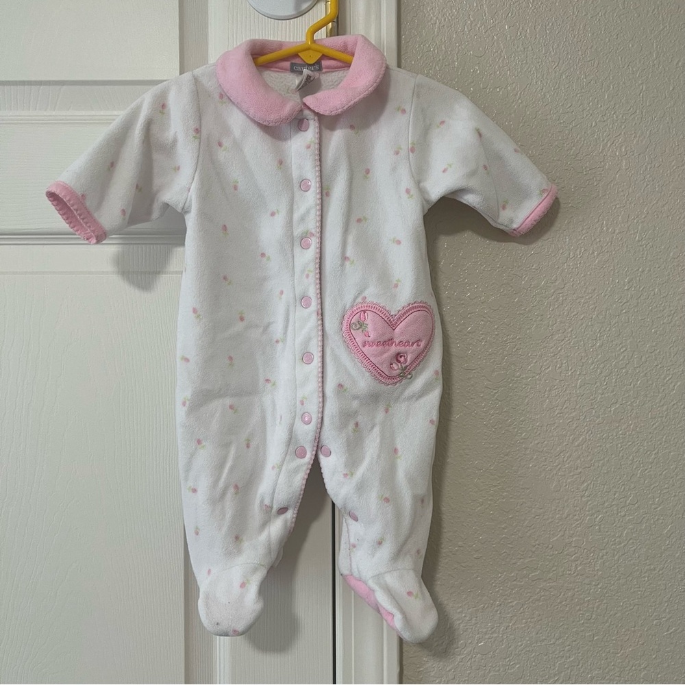 Vintage 90s Carter's Pink and White Fleece Footie One Piece- 3 Months
